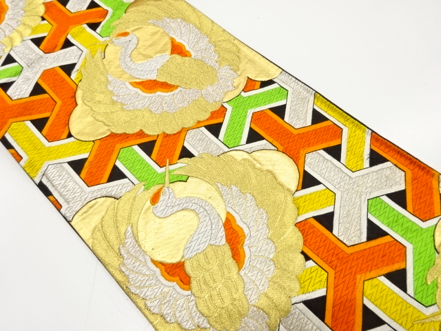 JAPANESE KIMONO / ANTIQUE FUKURO OBI / SILK / WOVEN CRANE